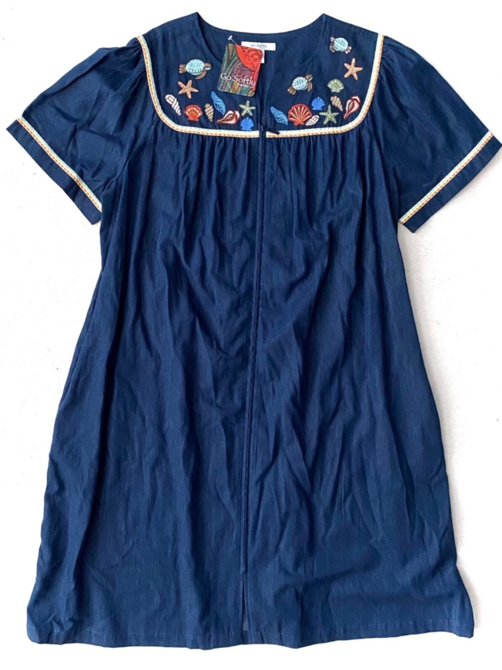 Go Softly Nwt Embroidered Sea Life Short Sleeve Zip Front Denim Patio Dress XL
